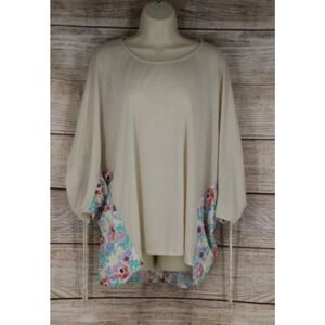 Umgee Womens Size Small Oversize Floral Ruched Blouse Top Shirt Beige Pink